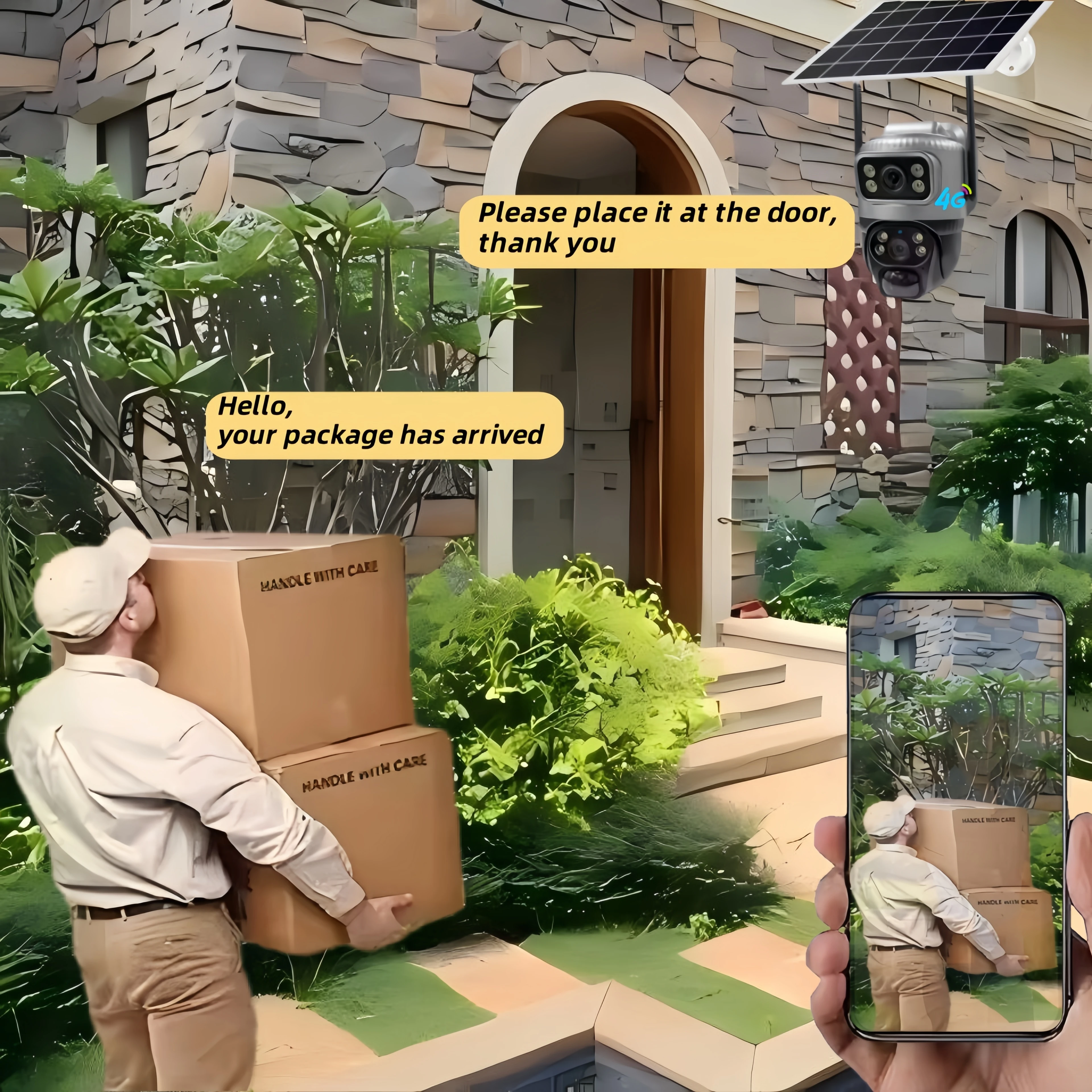 4G solar powered human PIR detection intelligent night vision waterproof 8MP 4K battery closed-circuit television monitor