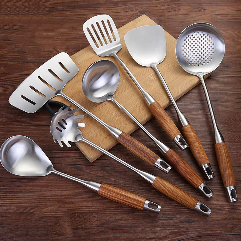 7-Piece Cooking Tools Set, 304 Stainless Steel Kitchen Utensils with Wooden Handle - Turner Soup Spoon Strainer Fish Spatula