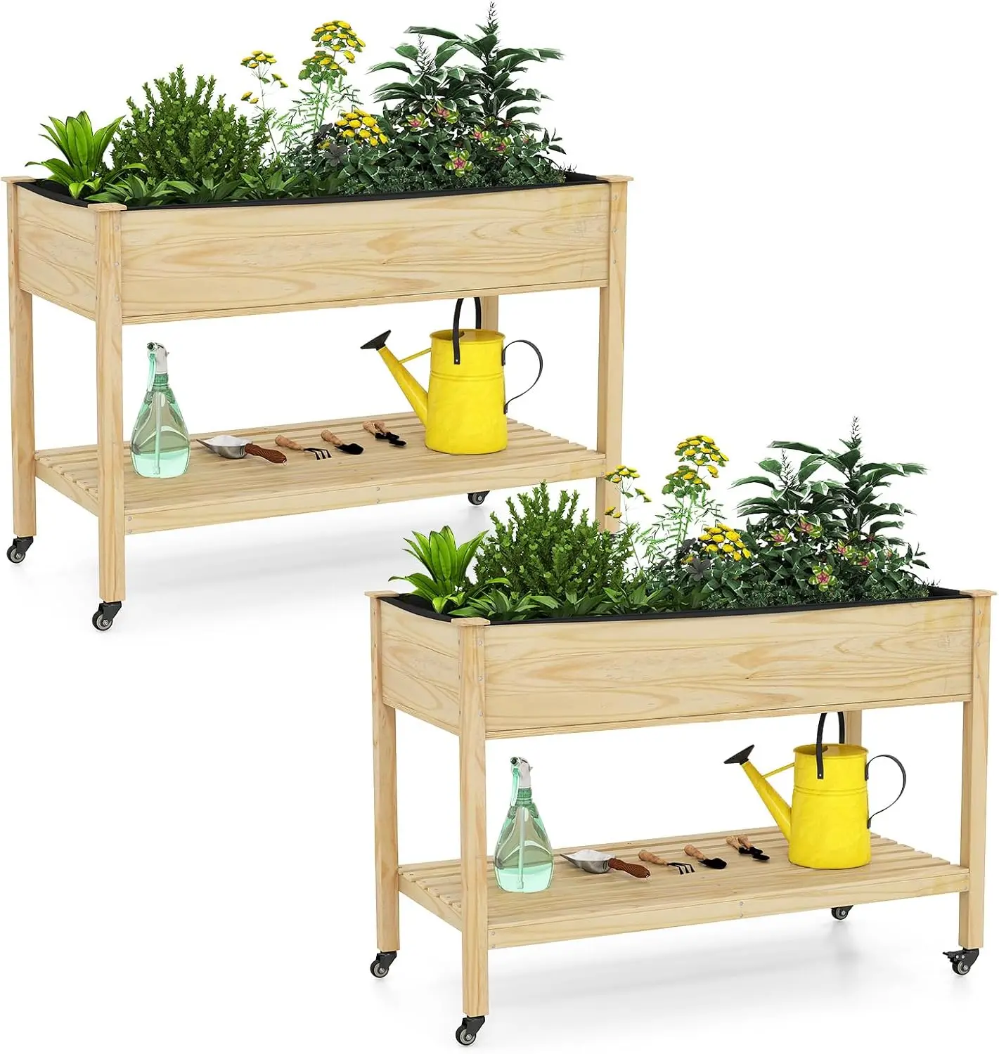 Two Piece Set Mobile Raised Garden Beds, Wooden Planter Box Display Organizer Cart Featuring Universal Wheels And Lower Storage Shelf With Non Woven Liner For Indoor Outdoor Vegetables Flower Herbs Fruit Gardening, Natural Wood