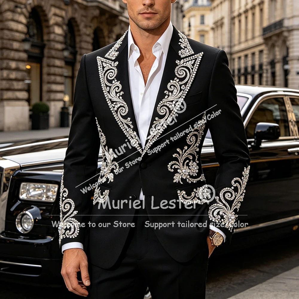 

Exquisite Rhinestone Crystals Men Suits 2 Piece Sets Groom Tuxedos Wedding Customized Male Blazers Slim Fit Fashion Ropa hombre