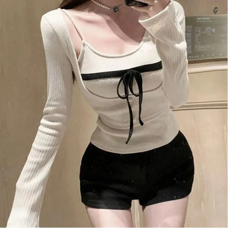 

Casual Y2k Crop Tops Women 2 Piece Sets Outwear Japanese Fashion Clothing Bodycon Slim Tshirts Sexy Blouse Female 2025 Autumn