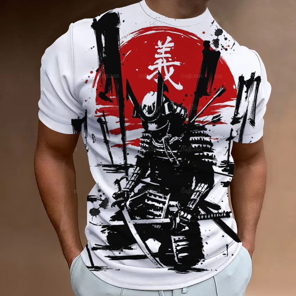 Japanese Samurai Print Short Sleeve T-Shirt For Men Retro Men's T-Shirt Street Fashion Man Clothes Loose Oversized Tee Tops 2024