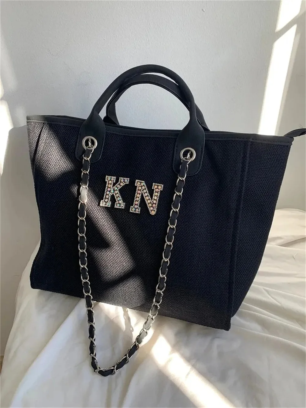 Customized Luxury Black Monogram Tote Bag, Canvas Chain Beach Shopping Tote Bag, Personalized Weekend Hand Bag