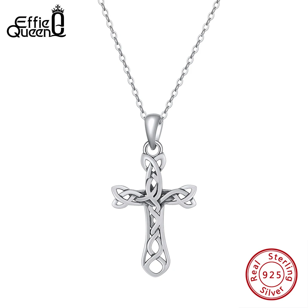 

EFFIE QUEEN 100% 925 Sterling Silver Celtic Cross Knot Weave Pendant Necklace for Women Men Punk Style Necklace Jewelry APN43