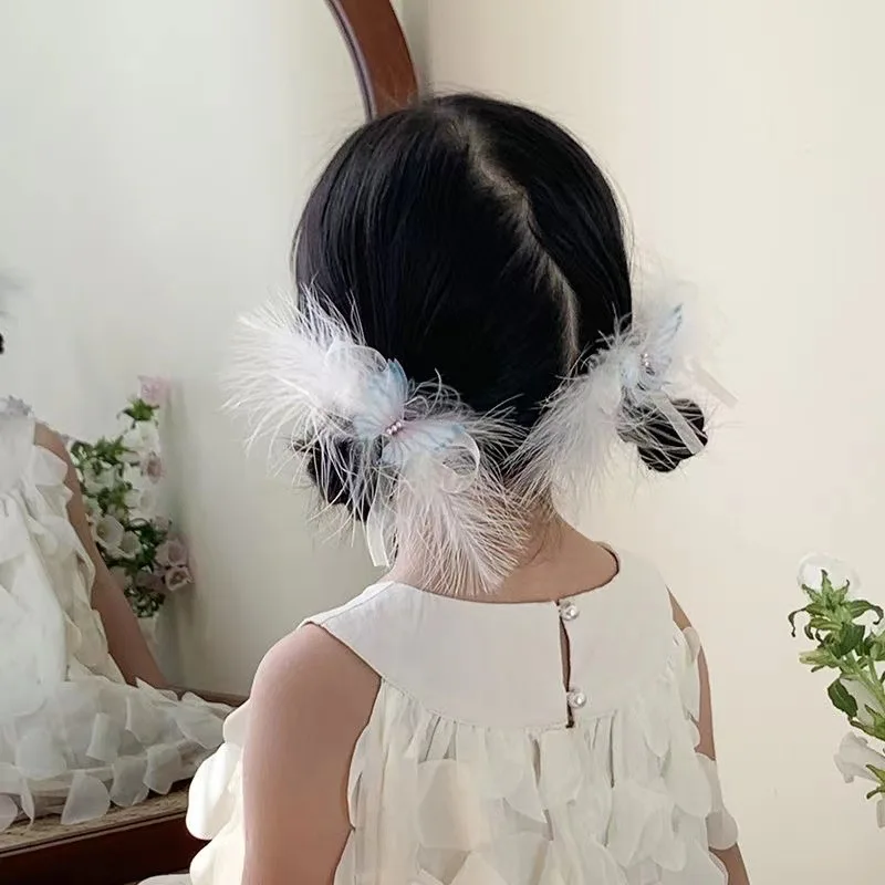 2Pcs White Feather Butterfly Hair Clips Princess Girl Hairpins Kids Ponytail Barrettes Fairy Headdress Children Hair Accessories