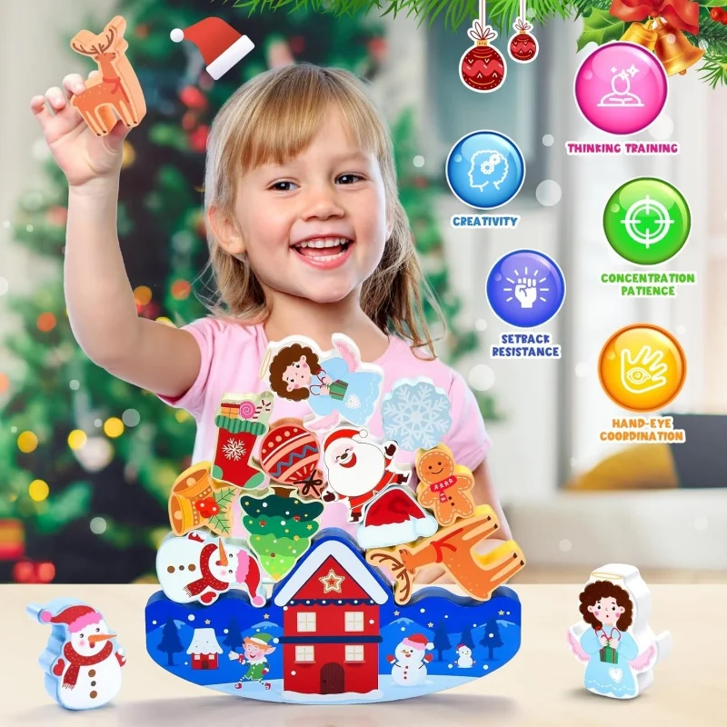 Christmas Wooden Building Blocks Stacking Toys Kids Balance Competition Game Boys Girls Sensory Puzzle Birthday Gift