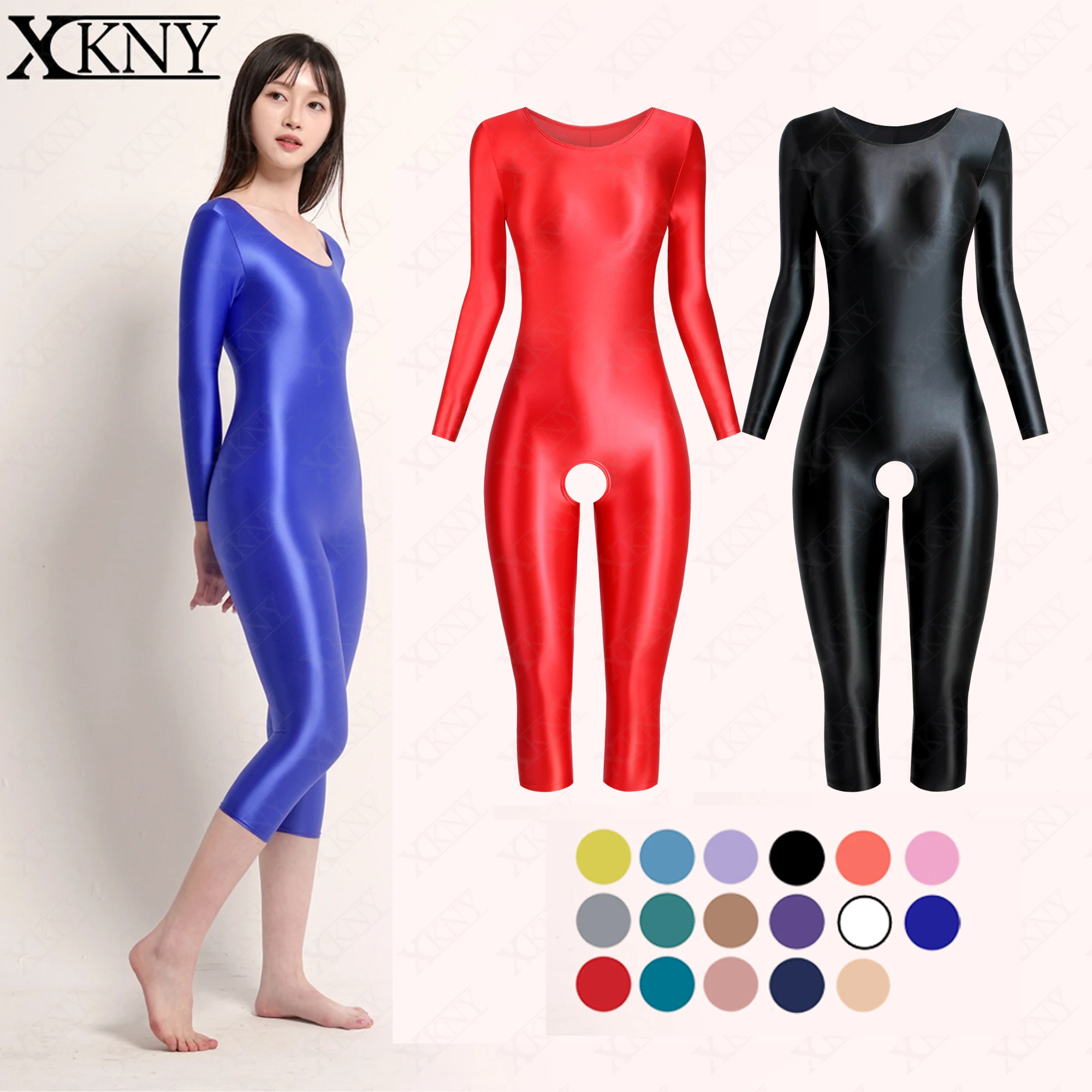 XCKNY satin glossy tights oily silky round neck suit Yoga Leotards long sleeved 7-point length open pants tights unisex swimsuit