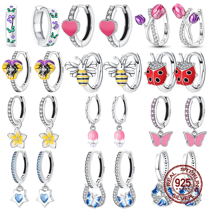 Sparkling Zircon Earrings 925 Sterling Silver Colorful Flower Butterfly Bee Earrings For Women Elegant Wedding Jewelry Gift