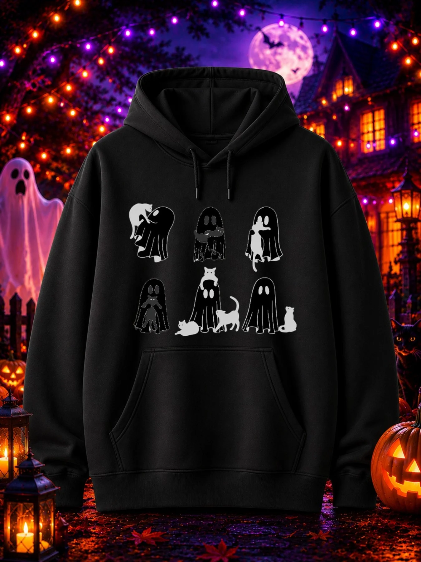 Halloween Men's Sweatshirt with White Sheets and Ghosts Paired with Black Cats, Various Cute and Playful Poses on a Black Background