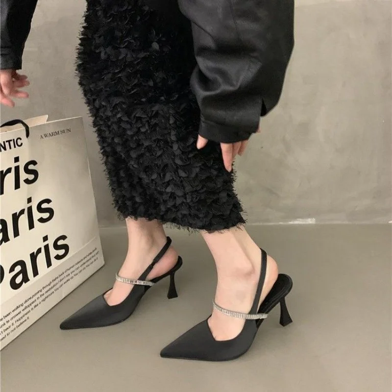 High Heels Summer 2024 Diamond Footwear Ladies Shoes Sandals for Women Rhinestones Heeled Pointed Toe Pumps Daily F Korea Casual image 3