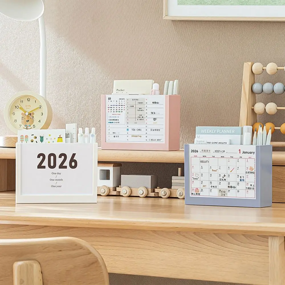 Self-discipline Plan 2026 Desk Calendar Plastic Multicolor Makeup Brush Holder Two Grids Multi-Function Desktop Organization Box