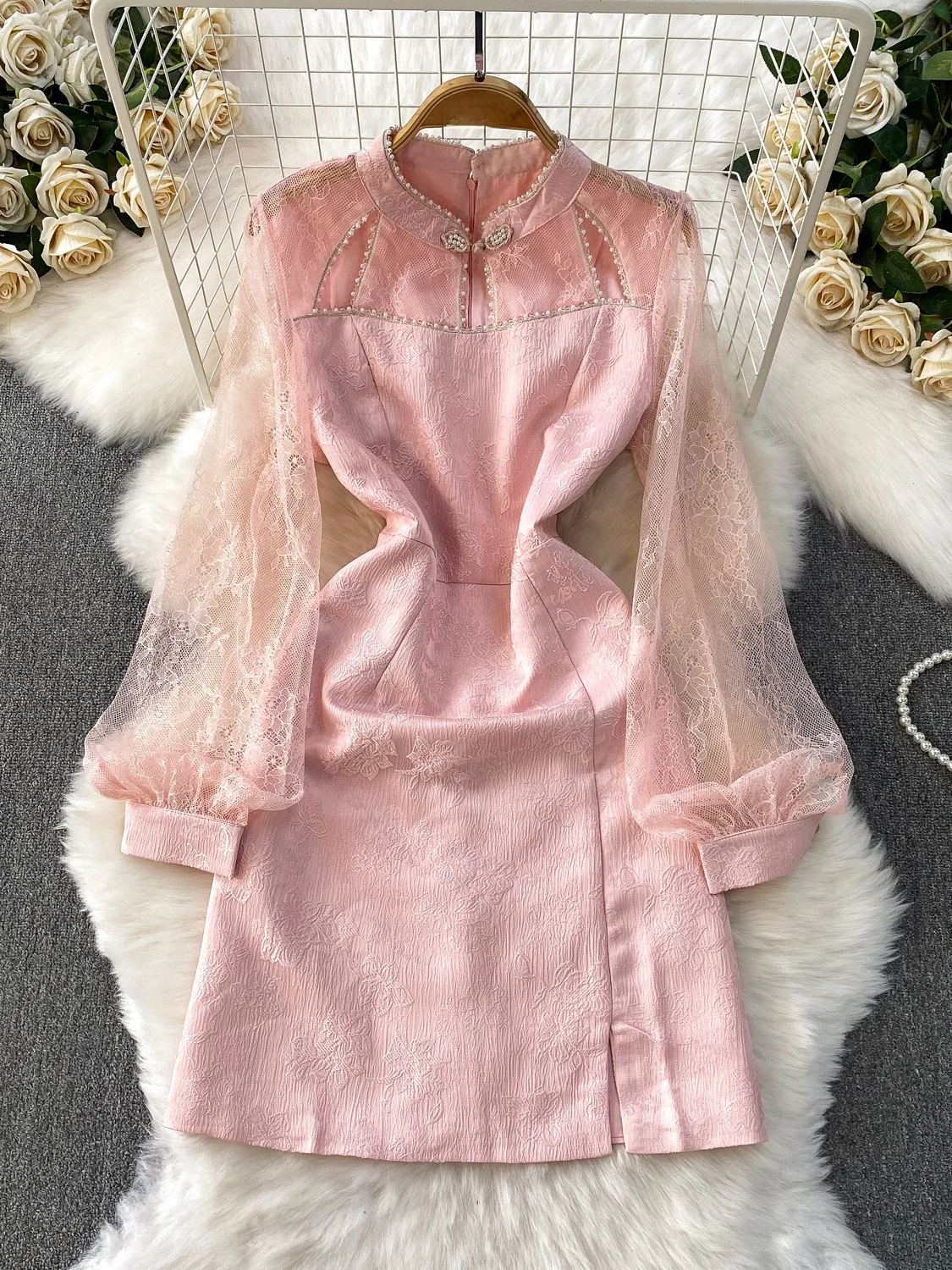 レトロな中国風長袖ワンピース レディース ハイウエストAラインスカート メッシュ切り替えショートワンピース 秋のエレガントな雰囲気