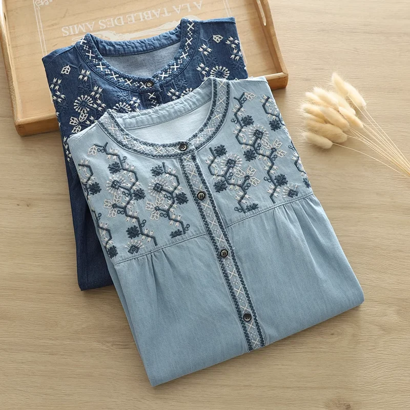 2025 Ethnic denim shirts long sleeve blouses for women autumn Mexican style boho blue embroidery jean shirts