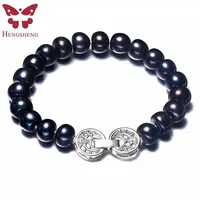 HENGSHENG Big Natural Black Pearl Bracelet,925 Sterling Silver Women Fashion Jewelry Bracelet,9-10mm Bread Freshwater Pearl,Gift