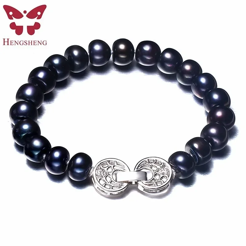 HENGSHENG duża naturalna czarna bransoletka perłowa, 925 Sterling Silver kobiety biżuteria bransoletka, 9-10mm chleb słodkowodna perła, prezent