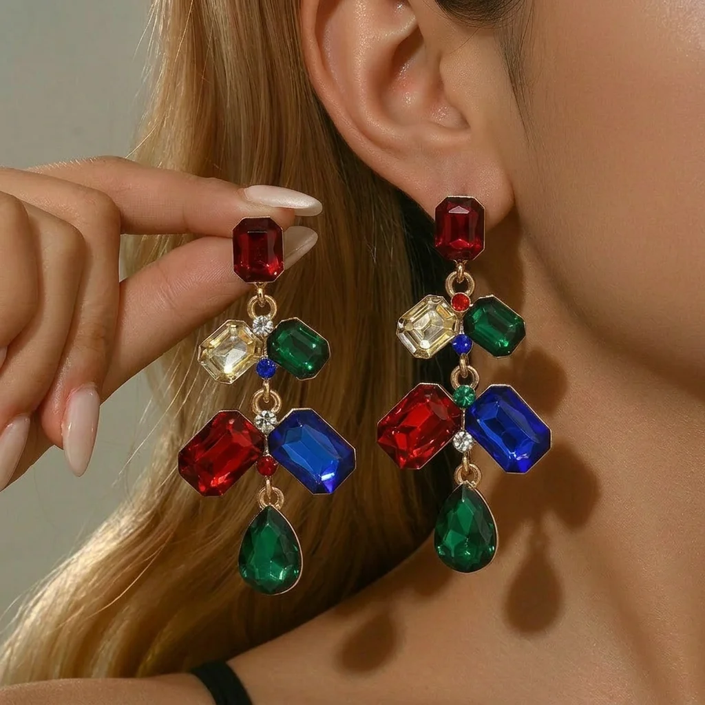 2pc-Women Bohemian Multi Gem Colorful Rhinestone Dangle Earrings Red Green Blue Crystal Statement Earring