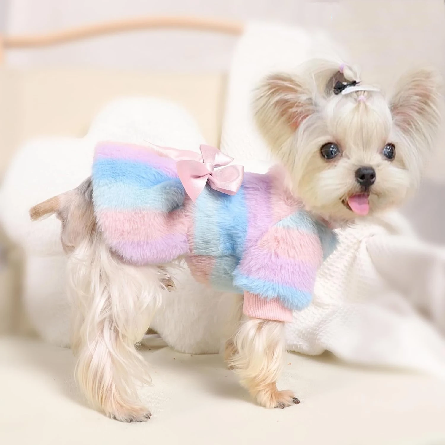 Princess Dog Dresses for Small Dogs Girl, Winter Puppy Sweater Clothes Rainbow Striped Warm Fleece Pet Dress Skirt Cat Apparel