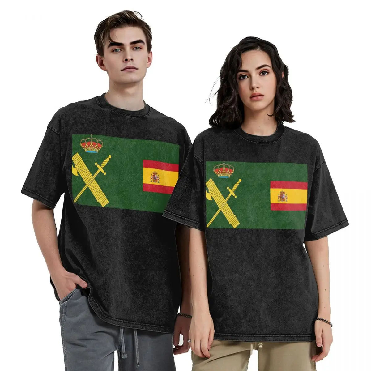 Spain Flag Plus Emblem Civil Guard Washed T Shirts Harajuku Short Sleeve Hip Hop T-Shirt Streetwear Tops Tees for Men Women
