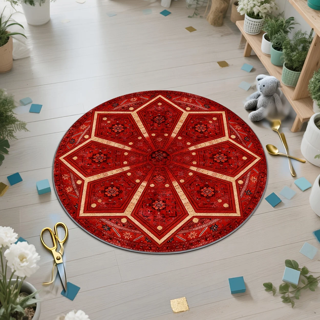 Modern Angular Tile Motif Area Carpet Anti Slip Round Doormat For Gym Dance Studio Supermarket Restaurant