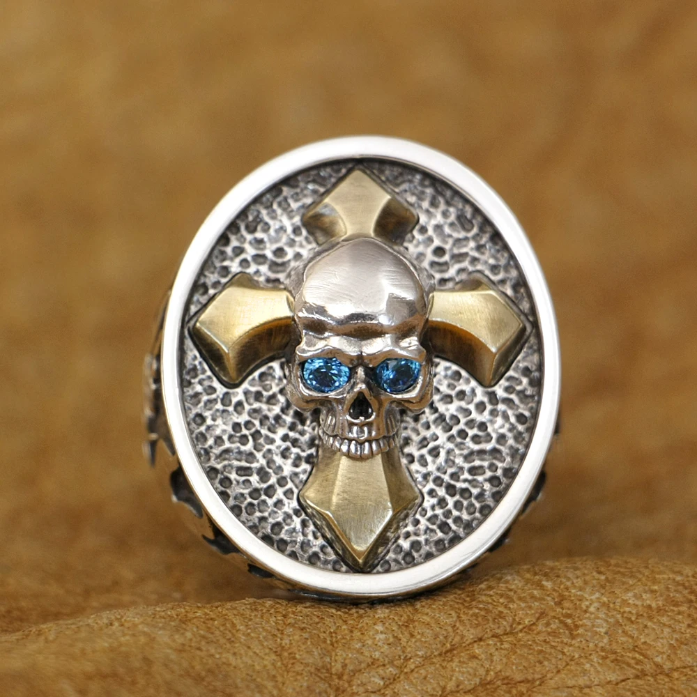 LINSION Blue CZ Eyes Brass Cross 925 Sterling Silver Fire Skull Ring TA445 US Size 8~15