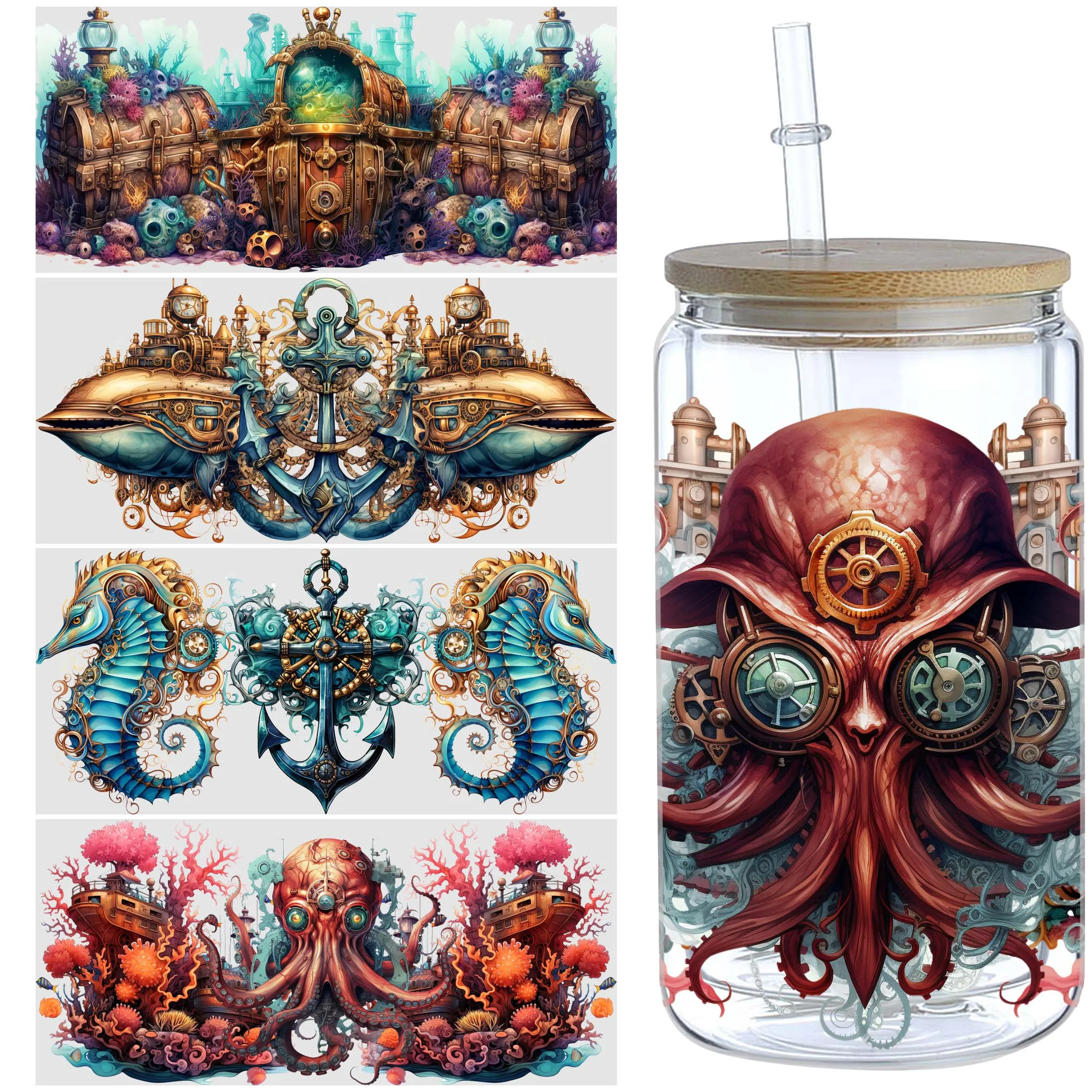 5 sheets Steampunk sea UV DTF cup holder 16 oz, DTF cup holder transfer glass, waterproof stickers, friction transfer stickers
