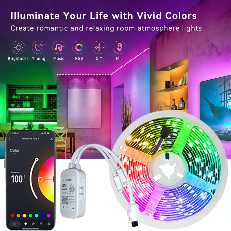Smart LED Lights Strips Bluetooth WiFi Control12V RGB 5050 Color Changing LED Strip 10m Non Waterproof