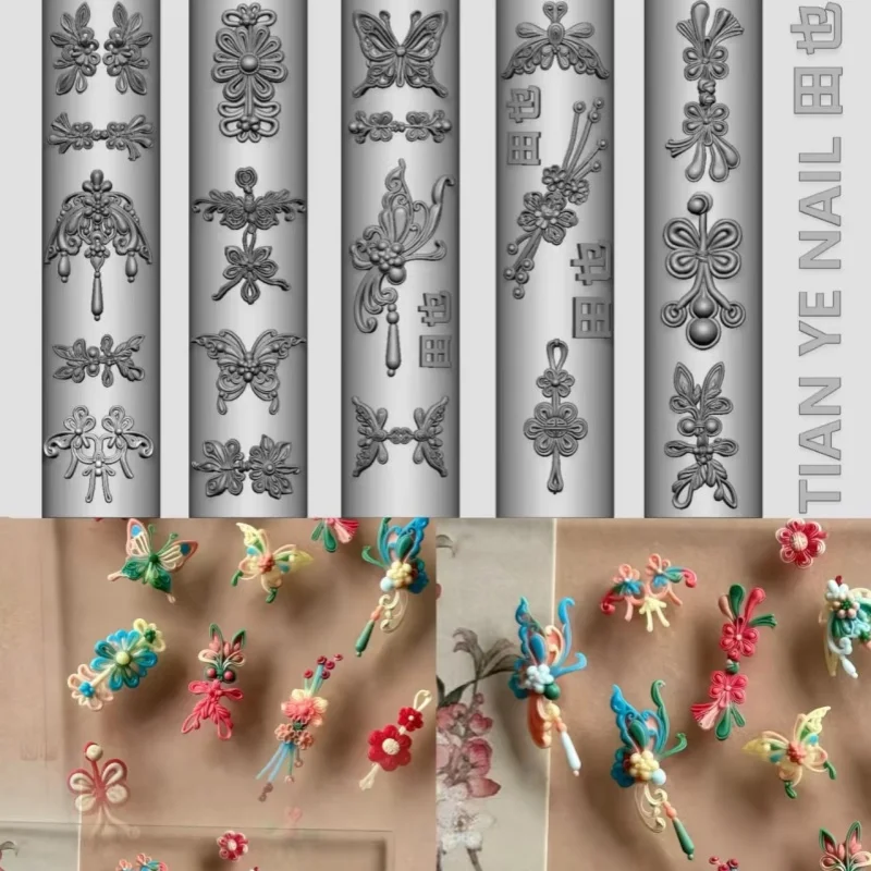 Chinesischer Stil Schmetterling Retro-Muster Geknöpfter Seidenknoten Präzise Künstlerische 3D-Relief Transparente Silikon-Nagelkunstform – Detail 5