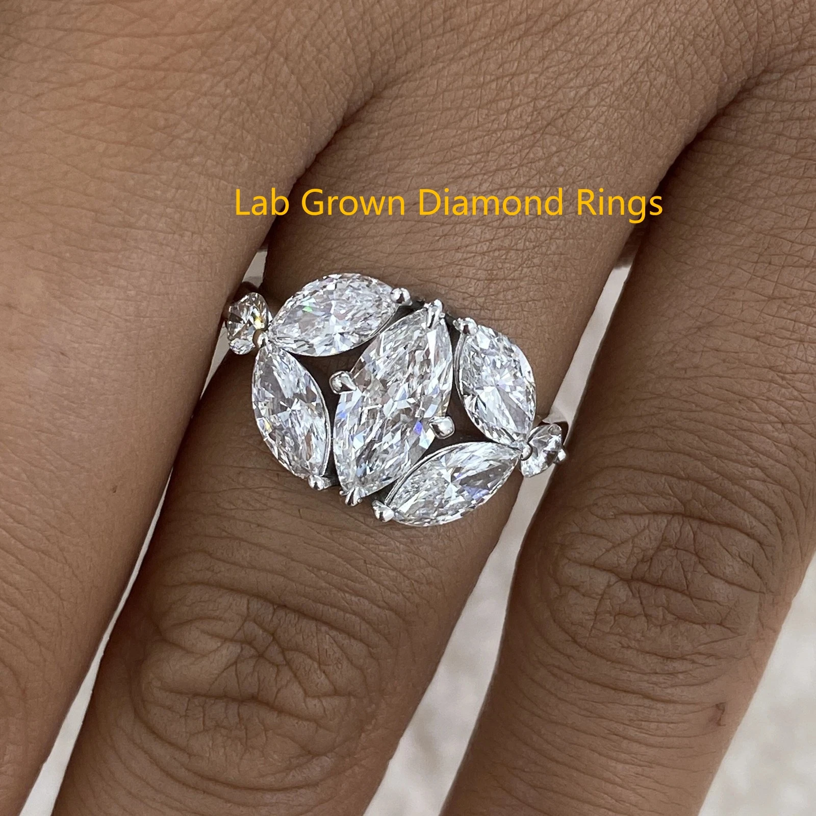 Solid Platinum 950 Cluster Ring 2.75ctw Marquise & Round Lab Grown Diamond DEF VS-VVS Diamond Wedding Band For Lady