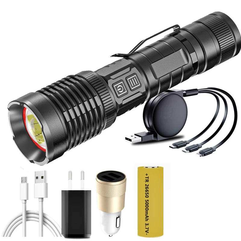 26650 Battery  XHP100 High Quality Led Flashlight Micro USB Rechargeable Powerbank Torch Aluminum Zoomable Lantern