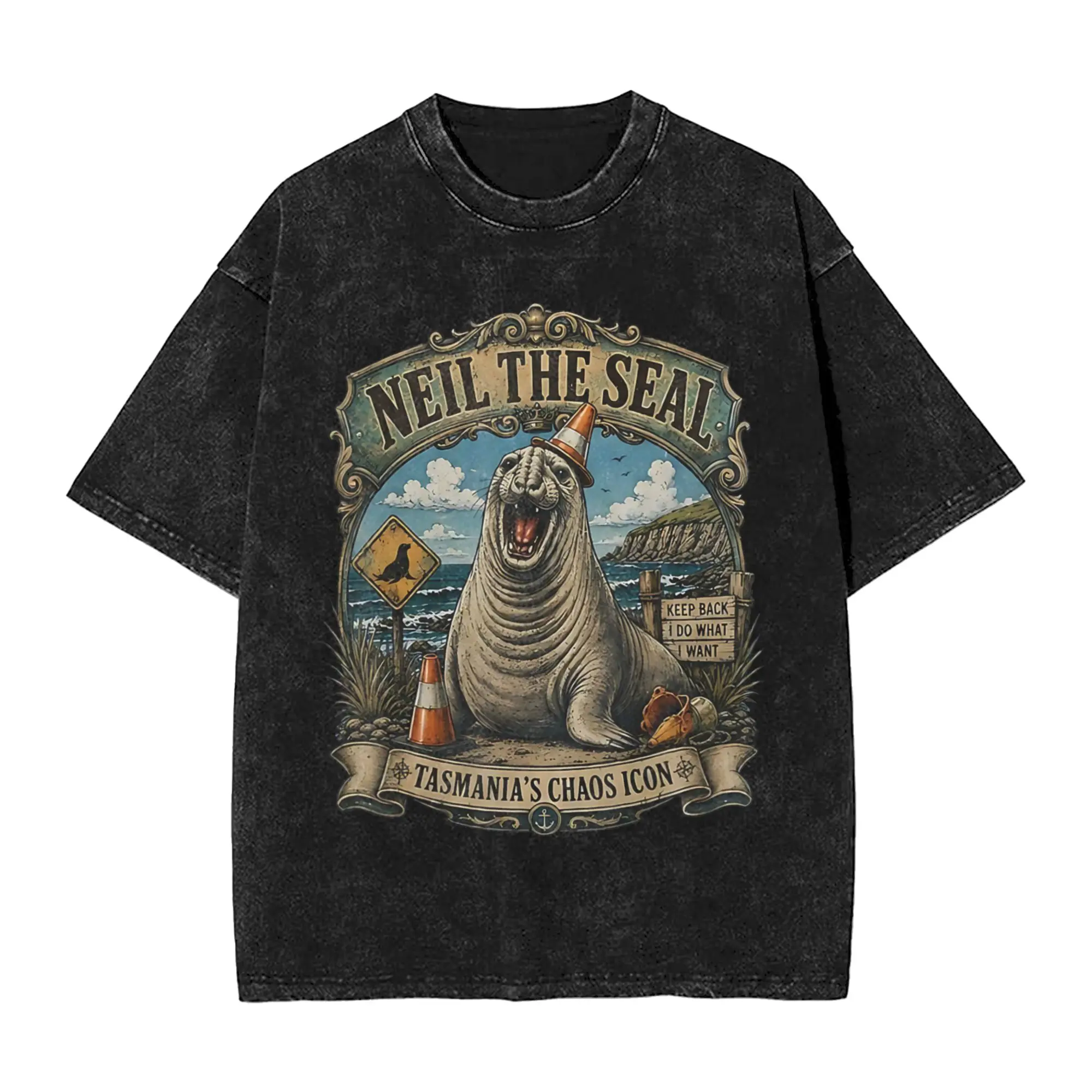 Neil The Seal Tasmania Traffic Cone Retro Summer Beach Seal Washed T-Shirt Mens  T Shirts Summer O-Neck Tees Big Size Clothing