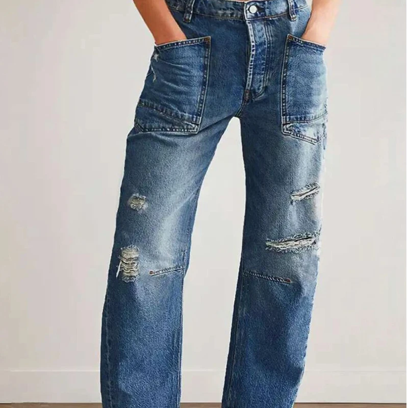 Jeans For Woman Y2k Jeans Distressed Wide Leg Trousers With Curved Hem Casual Loose Fit Comfort Stretch Denim Trendy 2025