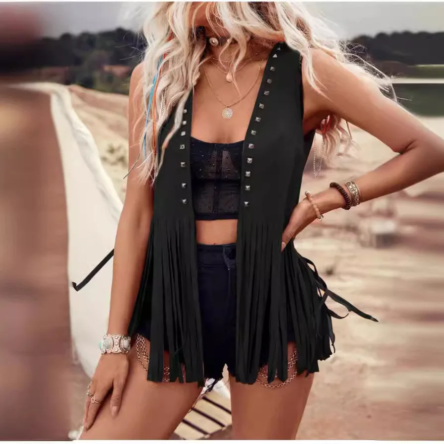 Womens Rivet Sleeveless Tassel Vest Waistcoat