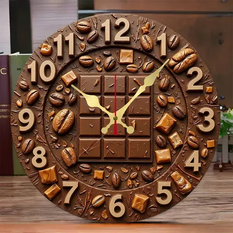นาฬิกาแขวนผนังไม้ทรงกลมเงียบ ลายช็อกโกแลตและกาแฟ เหมาะสำหรับห้องนั่งเล่น สำนักงาน ห้องทำงาน ห้องนอน ตกแต่งบ้าน