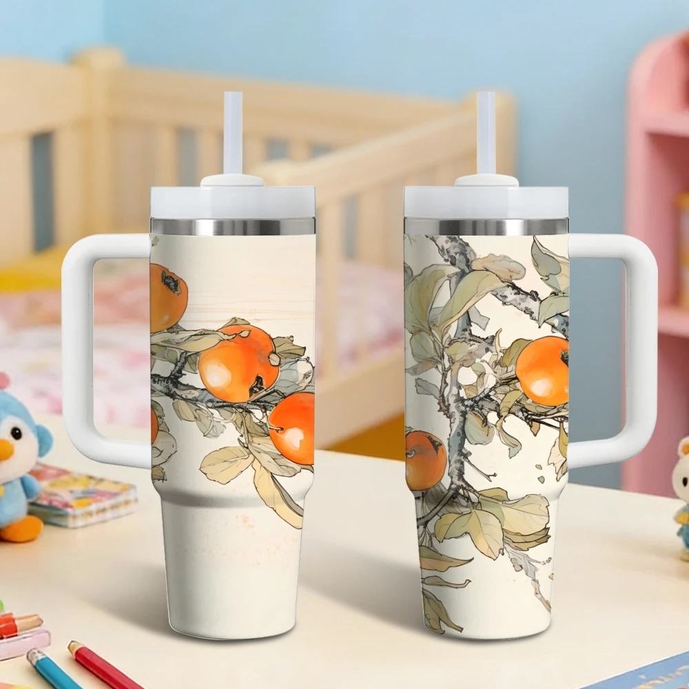 Loquat Fruit Vacuum Flasks 40oz Stainless Steel Vacuum Insulated Tumbler with Straw Leak Resistant Travel Mug