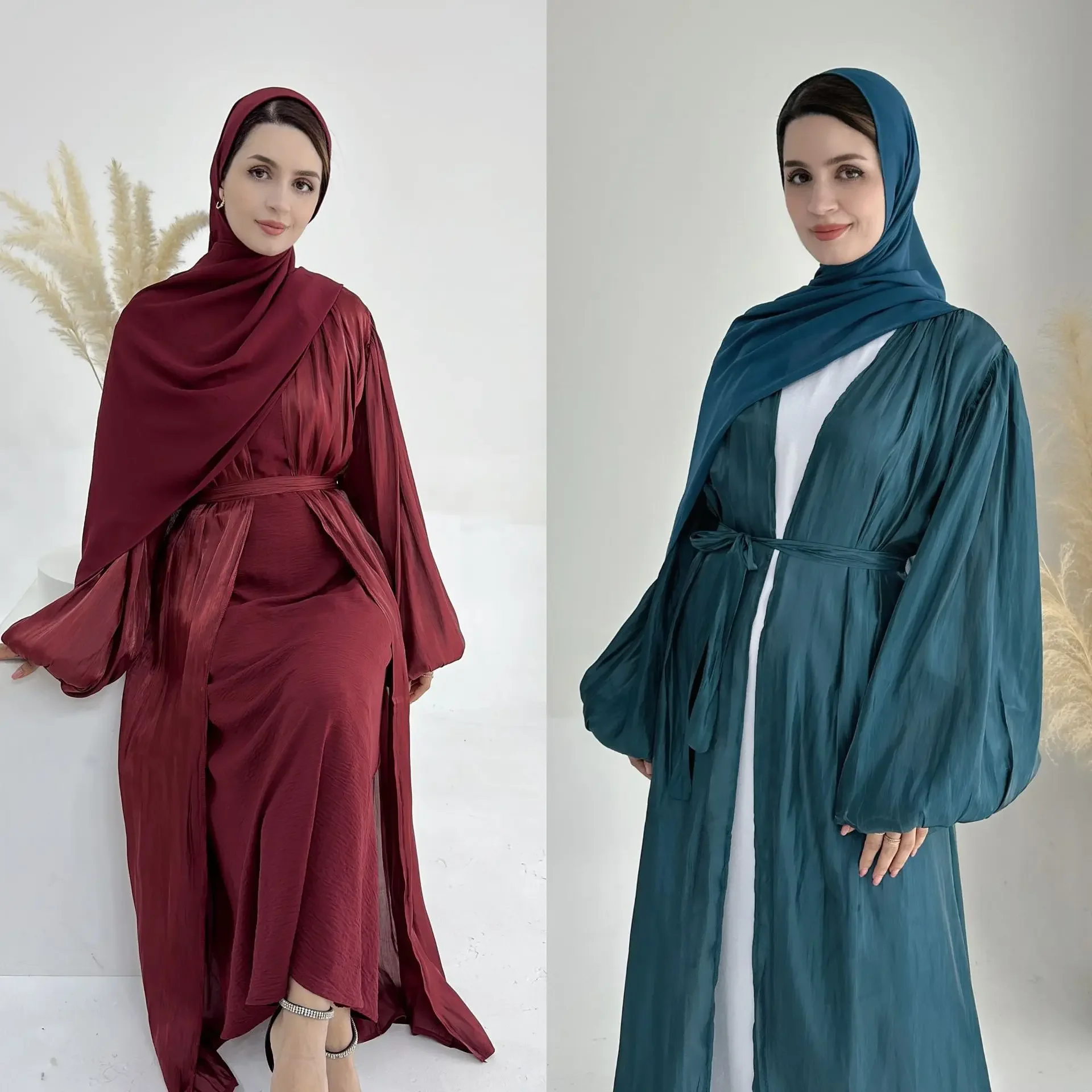 Eid Mubarak Satin Abaya with Scarf Women Muslim Silk Maxi Dress Ramadan Kimono Cardigan Dubai Turkey Kaftan Arabic Robe Jalabiya