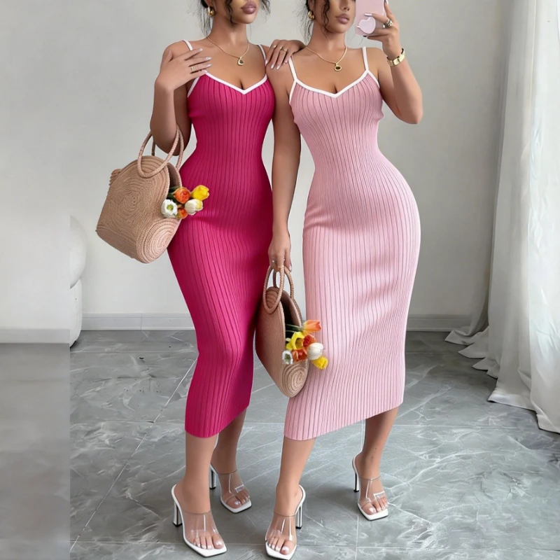 Damen Rosa Spaghetti-Träger Ärmelloses Dehnbares Sommerkleid Strick-Bodycon-Midikleid Sexy Sommer Strand Urlaub Party Langes Kleid