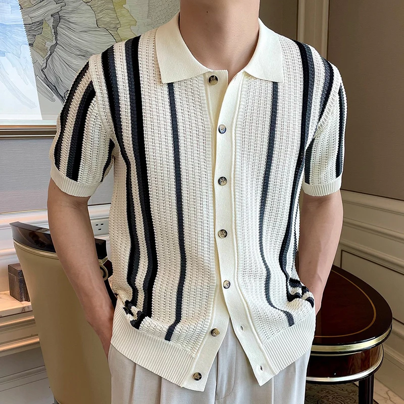 Summer Men's Stylish Striped Knitted Polo Shirts Fashion Business Casual Short Sleeve Slim Lapel Buttoned Knit Shirt Cardigan