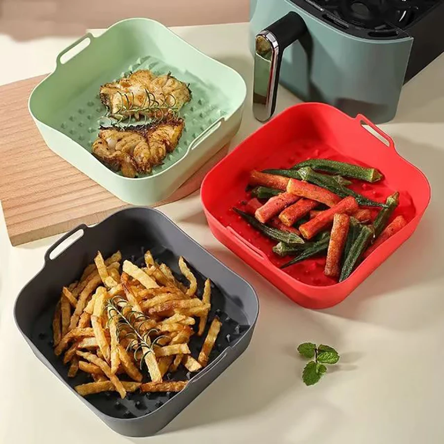 1PC Air Fryer Doppel Ohr Silikon Backblech Quadratische verdickte hitzebeständige Silikon Isolierung Matte Air Fryer Stereo Tablett