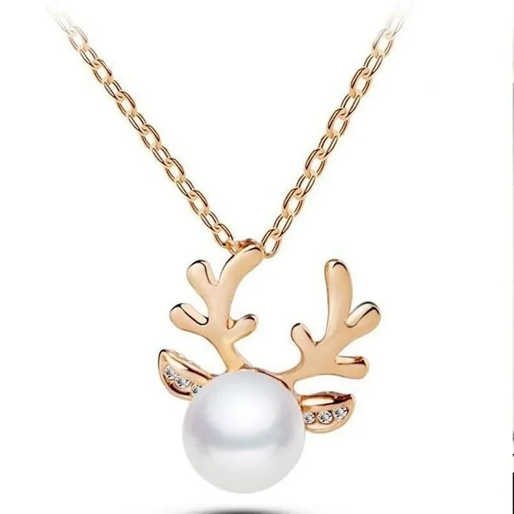 Christmas Reindeer Antlers Necklace Cute Deer Stag Pearl Chain Pendant Xmas Present Jewelry Accessories for Women
