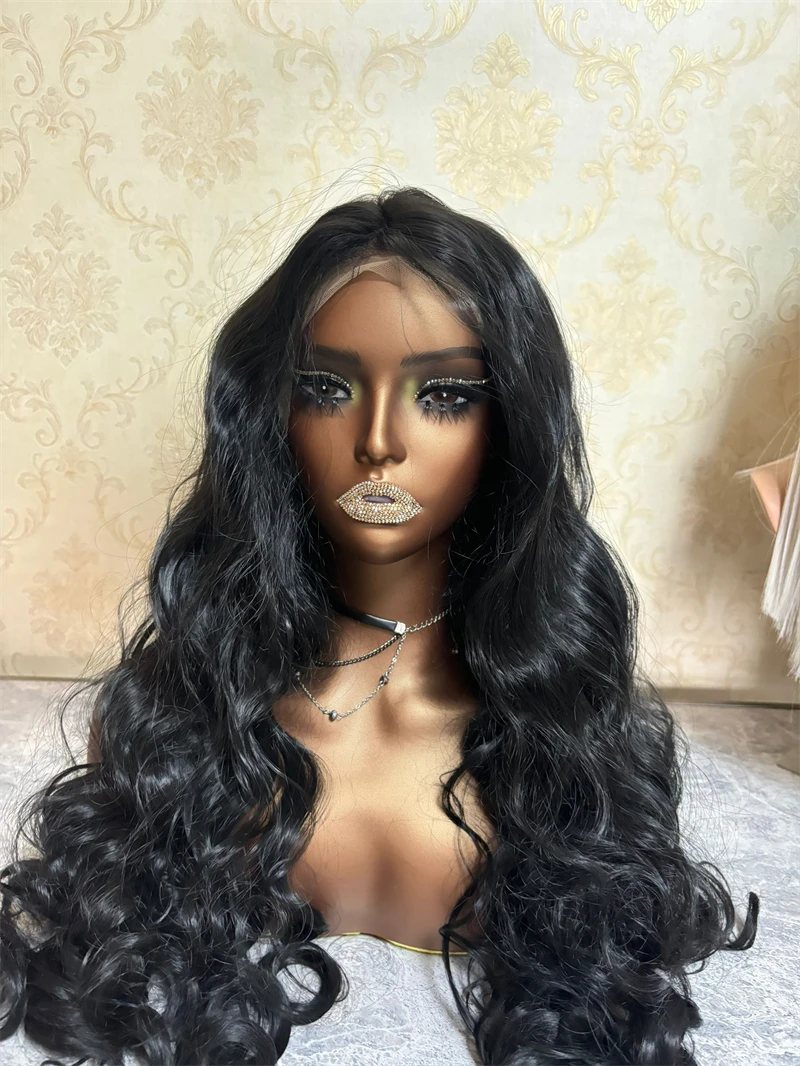 Long Black Wig for Women 26 Inch Synthetic Lace Front Wig Middle Part Curly Wavy Wig Heat Resistant Fiber Natural Body Wave Wigs