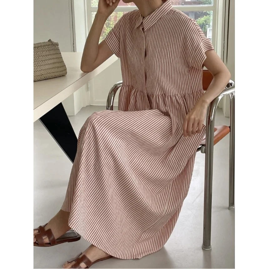 2026 New Fashion Korean Style Loose Pocket Striped Dress Summer Casual Short Sleeve X-Shape Silhouette Single Button Closure