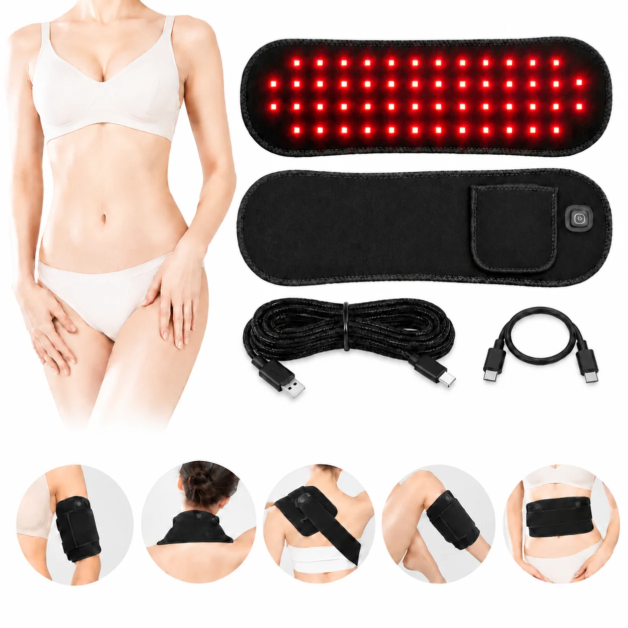 赤色光と赤外線を組み合わせた光療法ベルト。66個のled、波長850nm、660nm。背部を温め、脂肪を分解し、体型を整える効果のある全身用ヒートパッド。