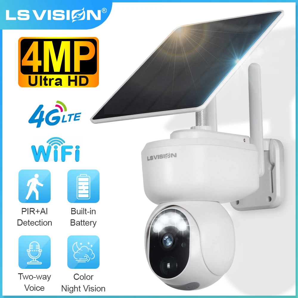 LS VISION 4MP 4G Sim Solar Camera Outdoor Wireless WIFI Solar Camera PTZ Motion Detection 2-Way Audio Security Camera 태양광 cctv