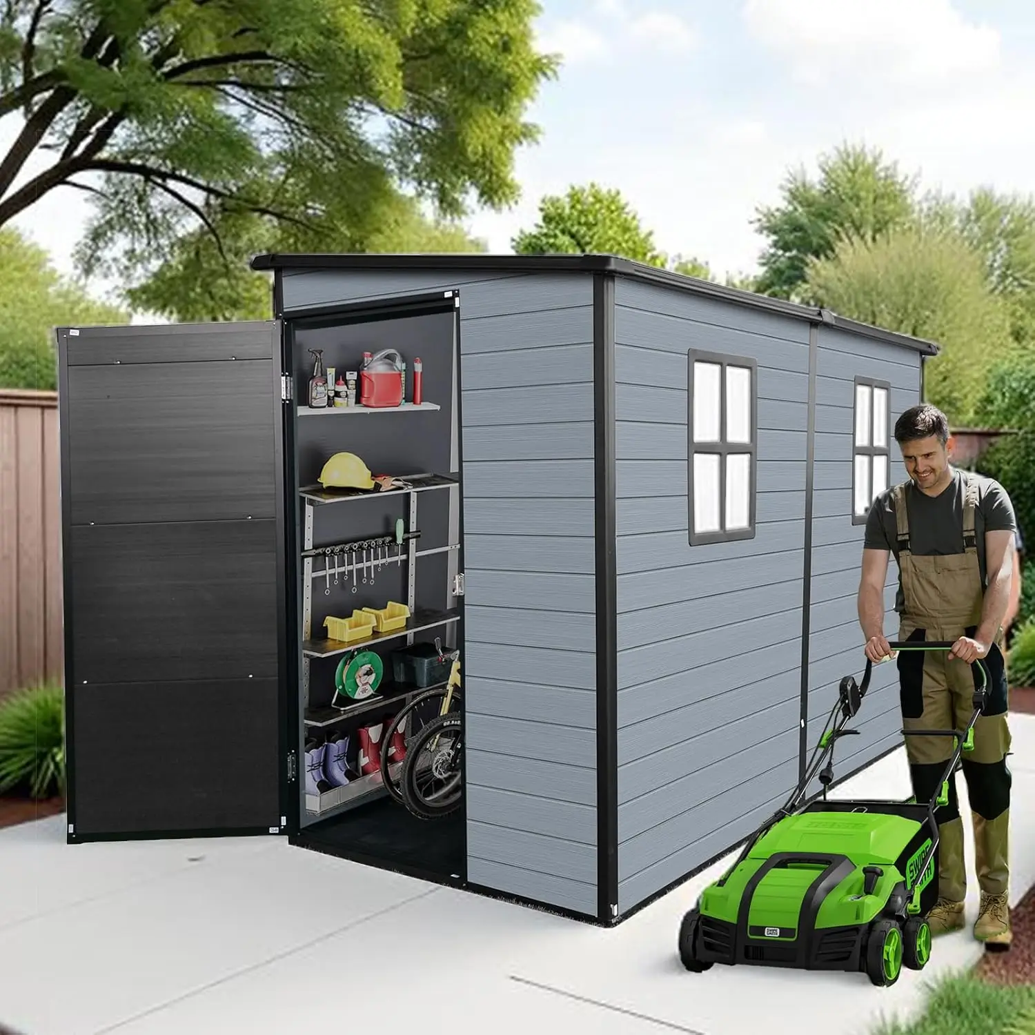 

8x4ft Plastic Storage Shed with Floor, Lockable Door, 2 Windows, Garden Tools & Bike, Customized