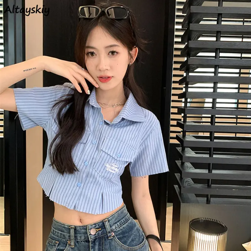 

Cropped Striped Shirts Women Preppy Style Hotsweet Summer College Aesthetic Clothing Slim All-match Casual Turn-down Collar New