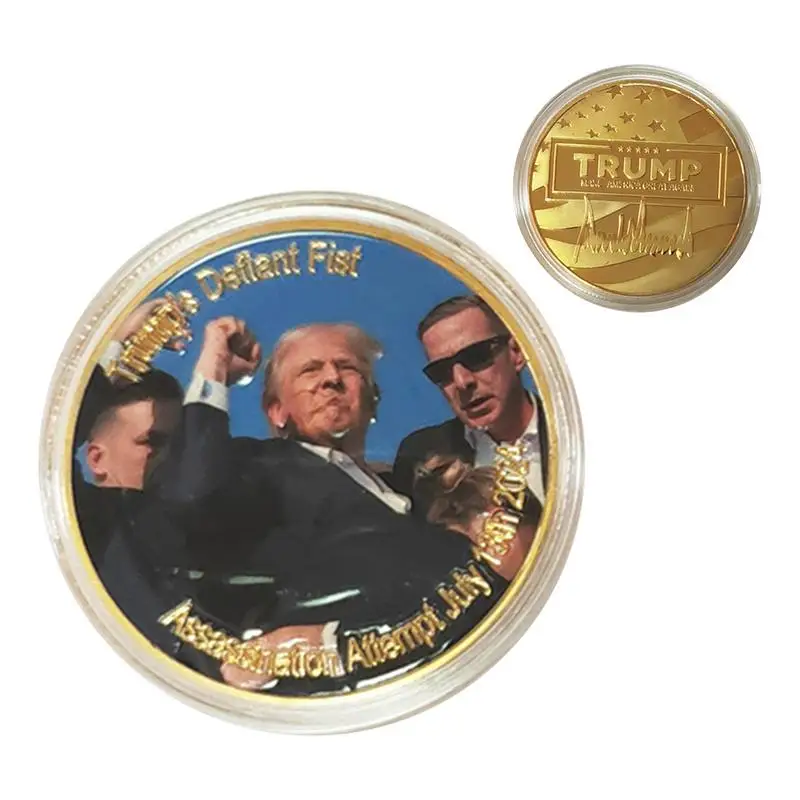 1pc Attack On Trumps Challenge Coin 2024 US President 47th Gold Coin Collectibles USA Fight Commemorative Medals In Capsule​