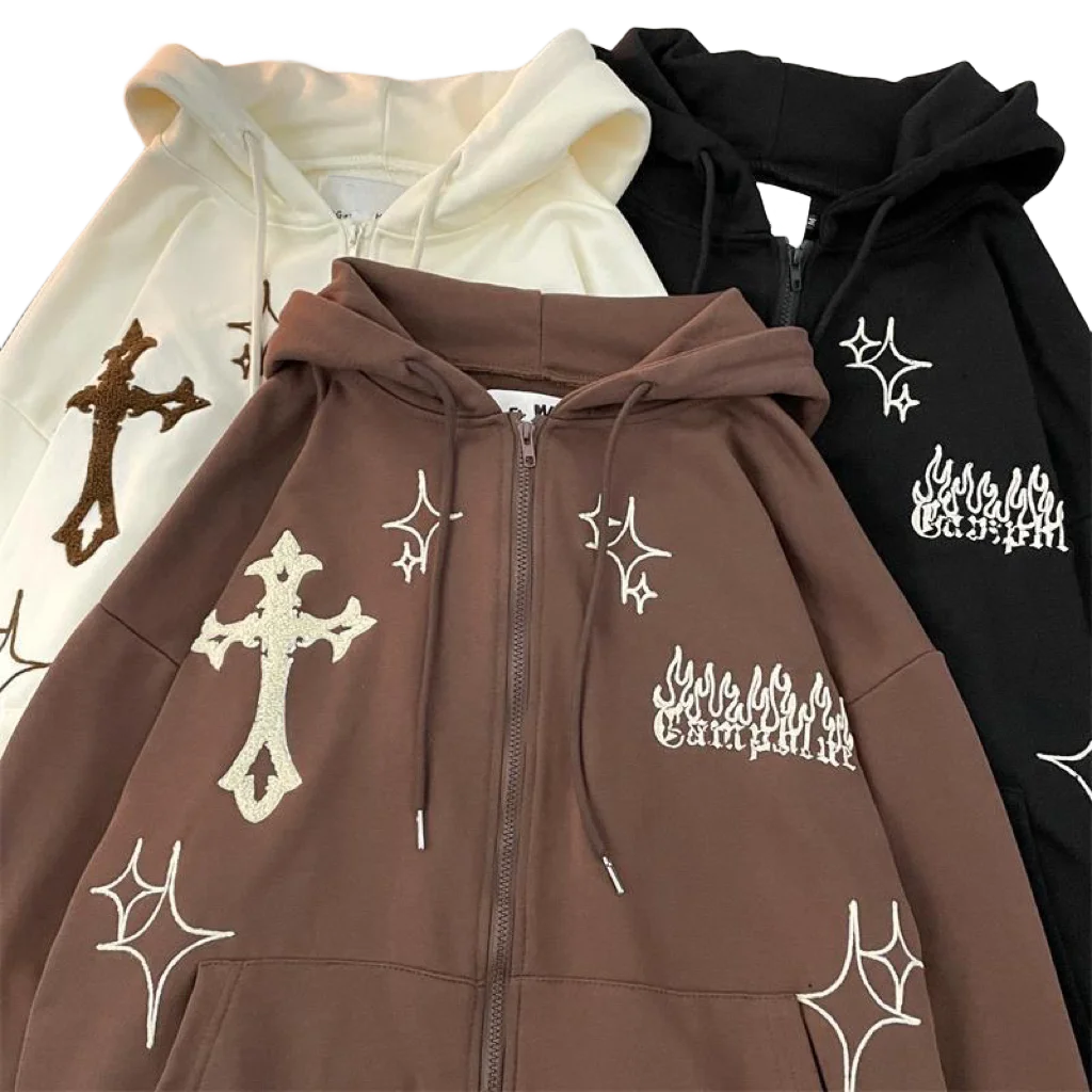 Cardigan hooded sweater embroidered cross spring and autumn American hip-hop couple loose fitting vintage top cross for men and