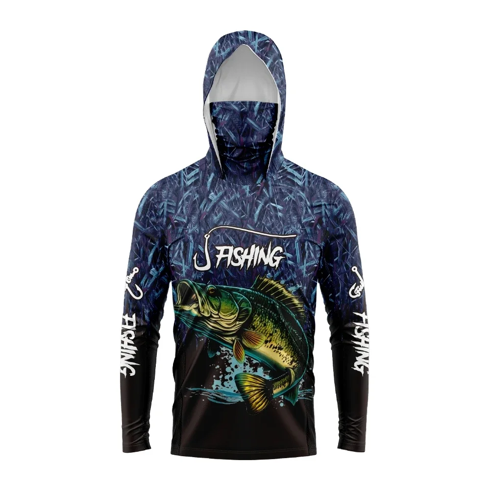 Men UPF50+ Fishing Hoodie with Face Mask Quick Dry Sun Protection Camo Bass Print Long Sleeve Outdoor Fishing Hiking Shirt