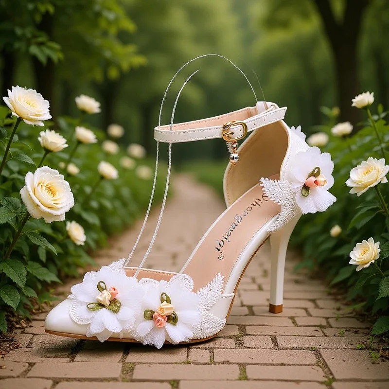 

Bloomsteps2025 pointed white flower, thin heel solid color viscose shoes buckle low top daily average size fashion shoes