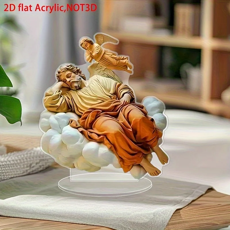 2D Flat, 2D Flat Bohemian Style Saint Joseph Sleeping Angel with Clouds and Stars- Handmade Religious Table Decoration, Suitable